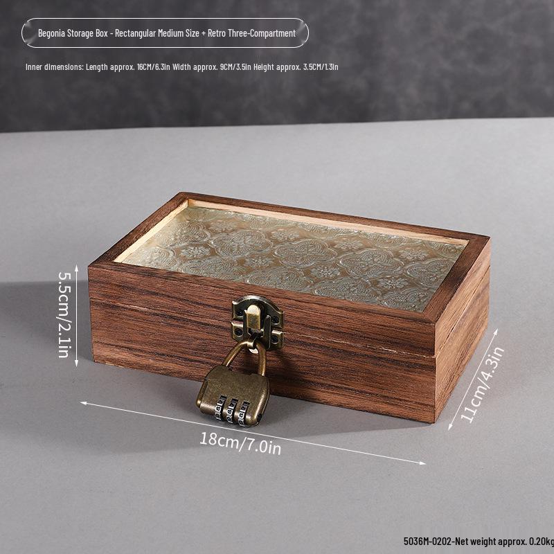 Retro Begonia Glass Lid Wooden Storage Box for Cosmetics, Snacks, Candy, and Documents - Dustproof and Multifunctional