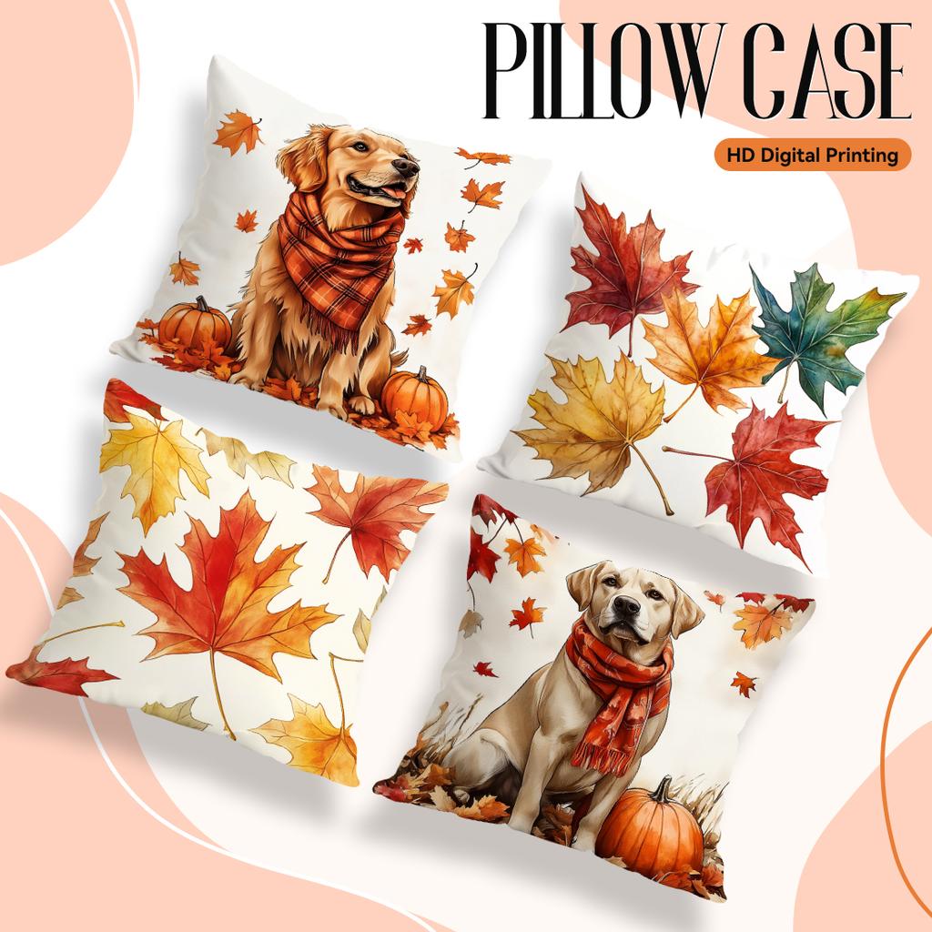 Home Decor Autumn Dog And Maple Leaf Pattern Pillowcase Pattern Cushion Cover Suitable For Sofa Bedroom Car Pillow Cover
