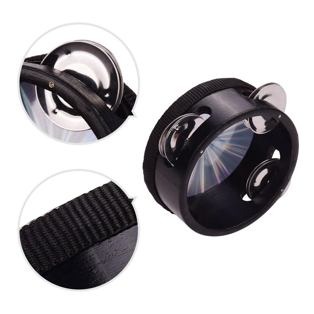 4 Inch Wooden Radiant Tambourine Handbell Hand Drum with Single Row Jingles Reflective Drum Head Percussion Instrument