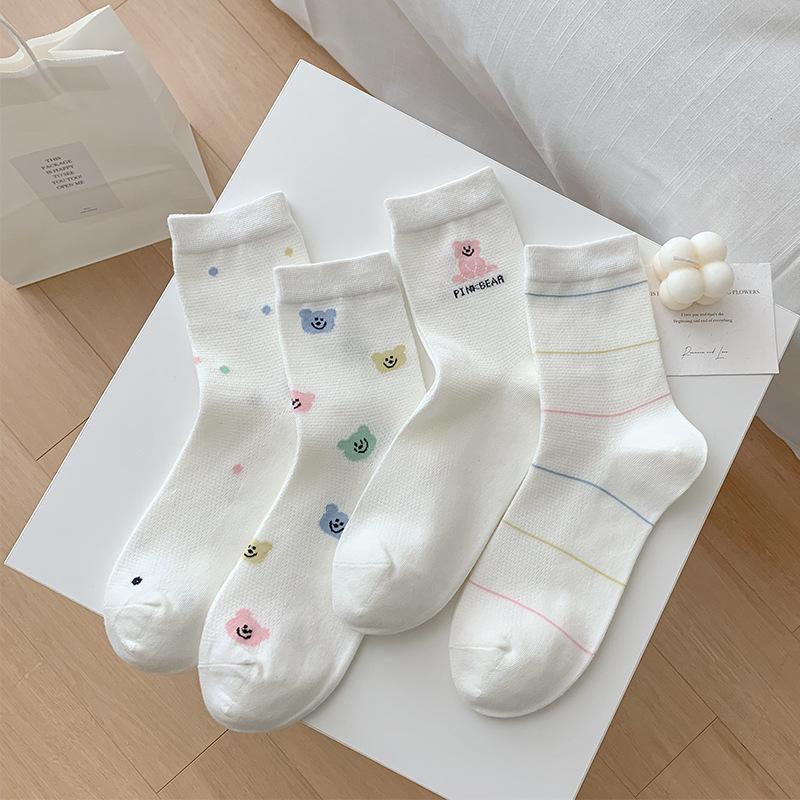 Weiße Socken, Dünnes Netzgewebe, Schweißabsorbierend, Atmungsaktiv, Gepunktet, Niedliche Wadenlange Socken für Frühling und Sommer