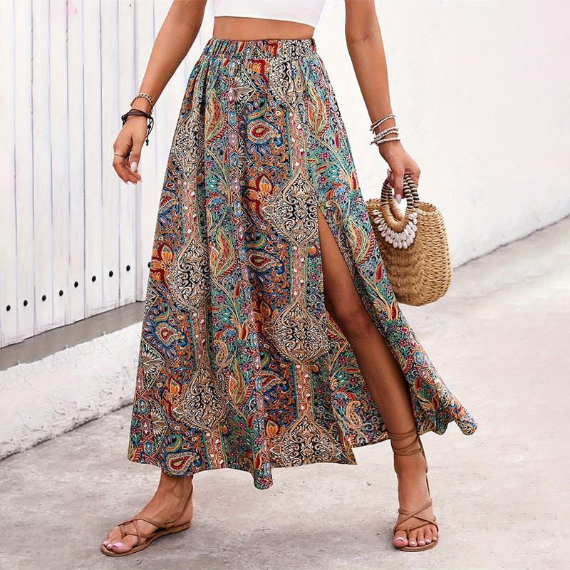 Womens A-Line Midi Skirt With Floral Print Split Hem Elegant Casual Dress