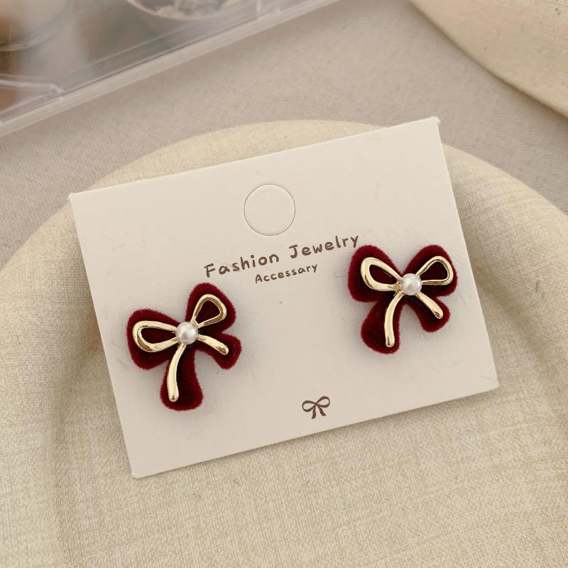 Cute Red Bow Flocking Earrings Simple Elegant Exquisite Sweet Festive Earrings Ear Studs Jewelry Accessories New Year Gifts