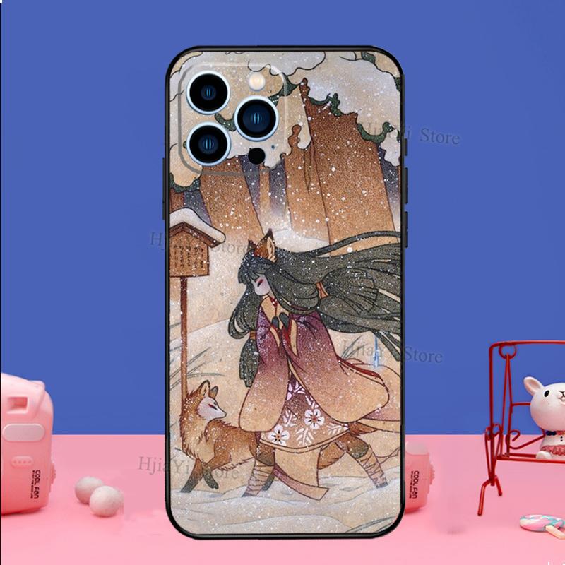 Kitsune Fox Art Phone Case For iPhone 16 15 12 13 Mini 11 14 Pro XS Max Plus X XR Silicone Cover