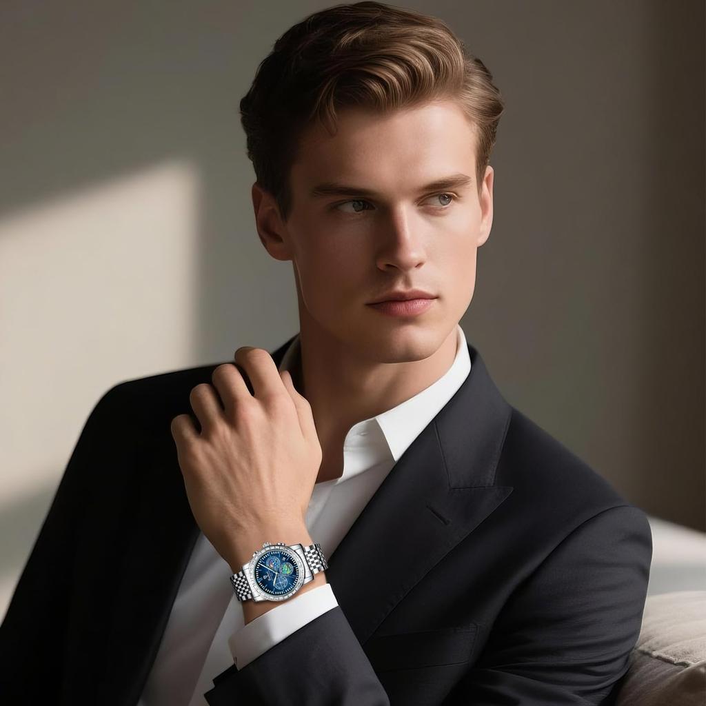 Analog Quartz Watch with Triple Calendar Night Sky Stainless Artistic Gold Suitable for Business and Students Silver Men's Lens, Multifunction