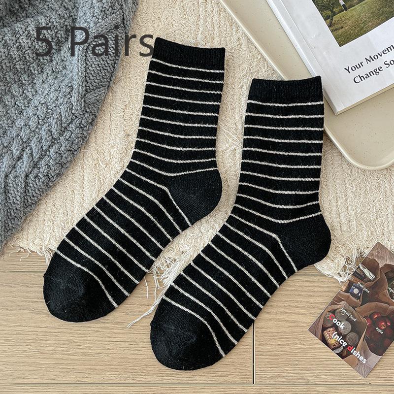5 Pairs of Female Autumn and Winter Color Stripes In The Tube Warm Pile Socks