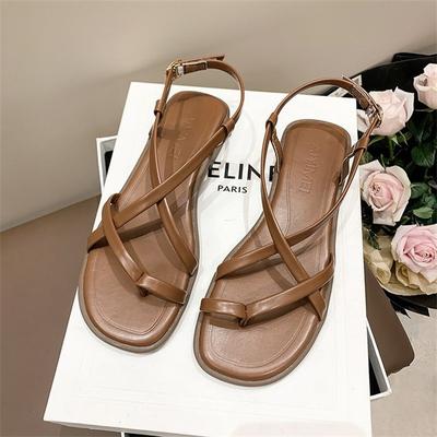Brown Women Sandals 2024 Artsy Vintage Open-toed Woven Openwork Roman Shoes Flat Beach Comfort Summer Shoes for Women