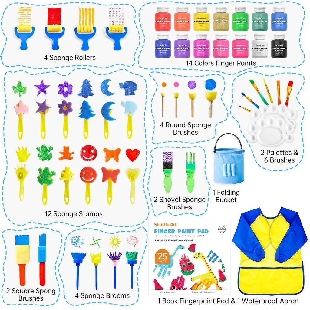 Shuttle Art Finger 14 Includes Doodle and for Finger and Art and Painting Tools Paints, Colors, 53-Piece Set, 60ml, Book, Brush, Palette, Water-Based,