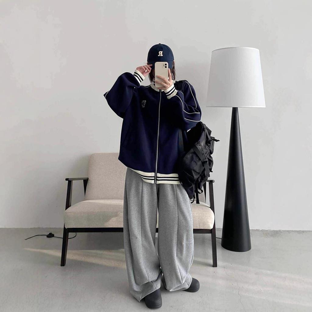 Women's Stand Collar Long Sleeve Zip Up Jacket Loose Fit Striped Embroidery Sweatshirt Baseball Outerwear