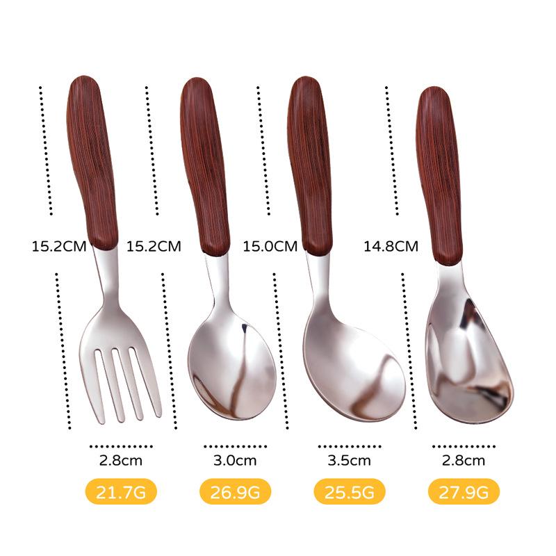 304 Stainless Steel Wood Grain Cutlery with Wooden Handles - Steak Knife, Dessert Spoon, and Fork Set