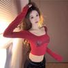 Printed shoulder big U-neck low-cut long-sleeved T-shirt female slim slim slim sweet Spice girl short navel tight niche top