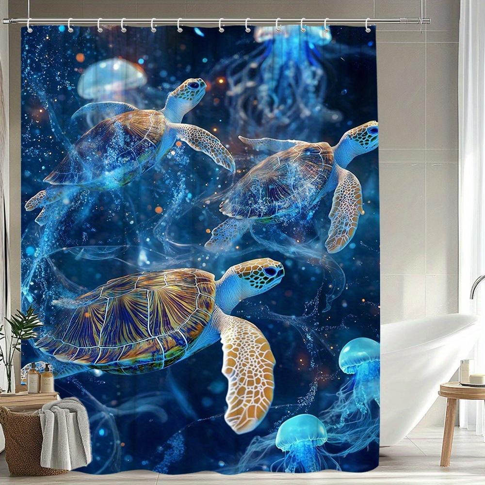 1Pc Ocean Shower Curtain Sea Turtle Jellyfish Dive Into The Deep Sea, Bringing A Vibrant And Dreamlike Visual Experience To Your