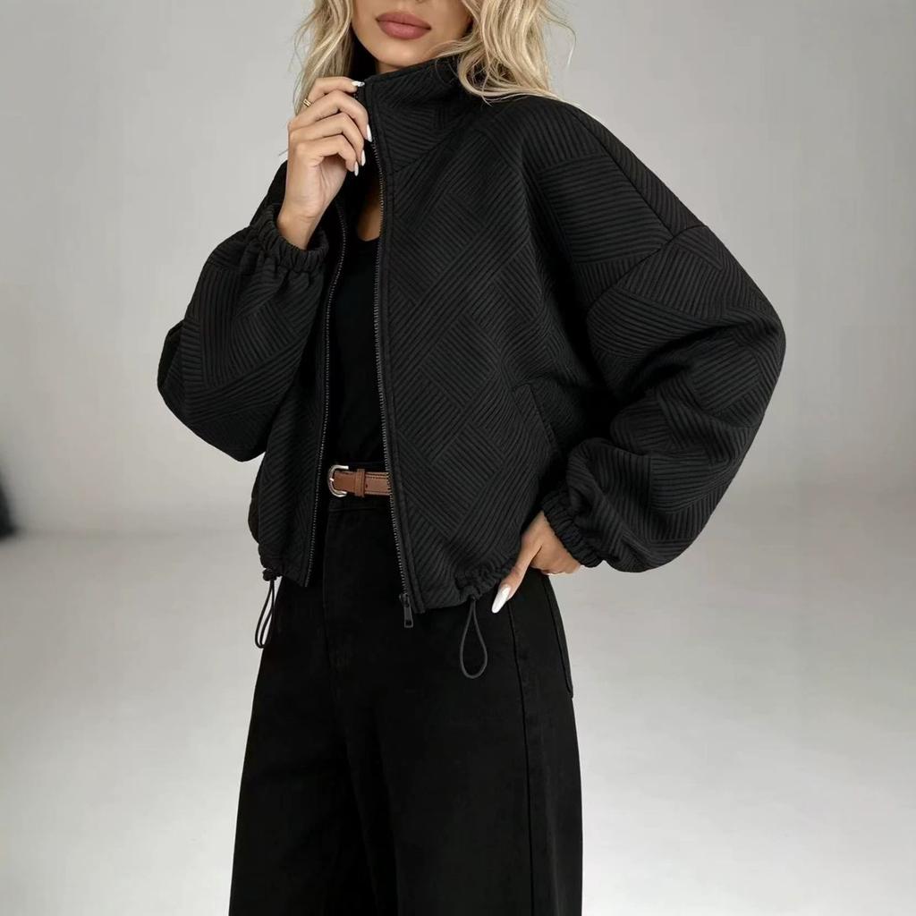 Women S Loose Baseball Jacket With Zipper Pocket Drawstring Hem
