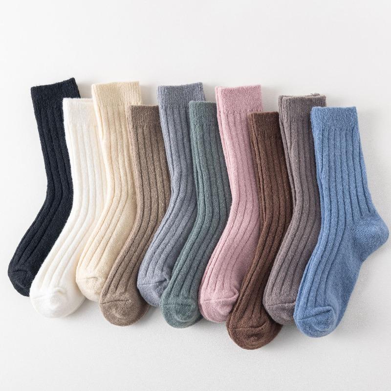Children's Winter Thick and Warm Wool Socks with Vertical Stripes, Versatile and Plain Color, Pile-up Socks, Double-needle Thick Yarn, Long Socks