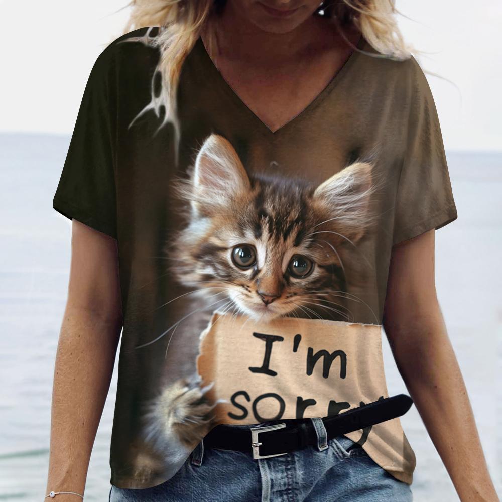 Summer Funny Cat Sorry 3D Print T-shirt Women Streetwear Casual T Shirts Y2k Tops Woman Harajuku V-Neck Tees Oversized Clothing