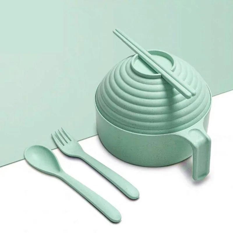 

Набор мисок для лапши быстрого приготовления, 5 предметов, набор столовых приборов из пшеничной соломы с крышкой, миской, ложкой, вилкой, палочками для еды, переносные миски большой емкости для рамэна зелёный