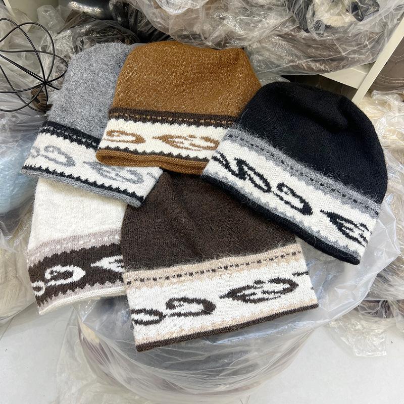 American Retro Design Jacquard Stack Hat Winter Lazy Wind Knitted Warm Big Head Circumference Ear Protection Warm Cold Hat