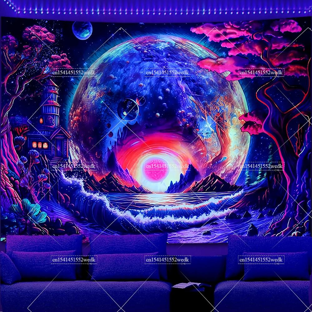 Galaxy Space Blacklight Tapestry UV Reactive Hippie Mountains Landscape Neon Tapestry Black Light Glow in the Dark Blankets