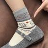 Women's Fair Isle Mid-Calf Terry Socks - Warm, Thick, and Adorned with Pixel Cat Design, Ideal for Autumn and Winter.