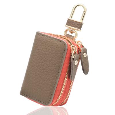KNUTe Women's Double Smart Key Case, Holds 2 Keys, Genuine Leather, Double-Sided, Cute, Muted Color, Grained Leather, Zipper Cover, Carabiner