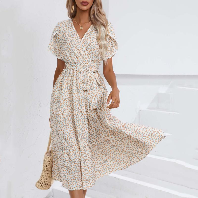 QICED Women's Fashion Summer Spring Floral Print Short Sleeve V-Neck Casual Dresses