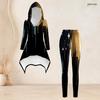 Women Plus Size Black Gold Printed Hooded Long Sleeve High Low Top And Fitted Pants Two Piece Set