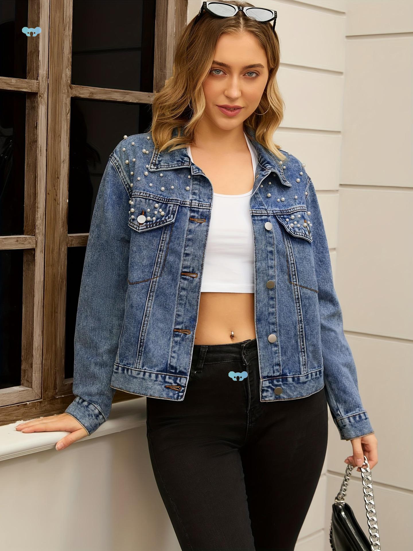 

Women s Spring Pearl Button Denim Jacket - Long Sleeve Fashion Style L