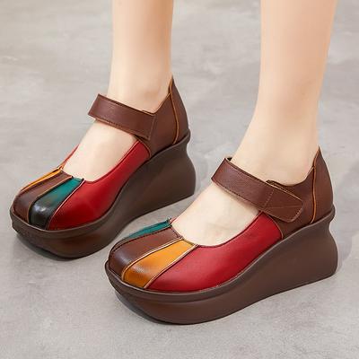 Moda GKTINOO 2025 Primavera Retro Zapatos de Cuero Genuino para Mujer Estilo Nacional Cuñas Tacones Zapatos Suela Gruesa Casual Zapatos de Plataforma para Mujer