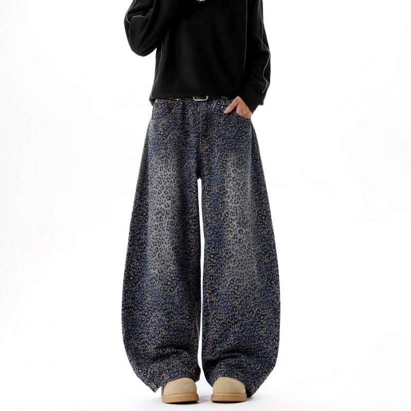 Mens Distressed Washed Denim Jeans With Leopard Print Loose Fit Straight Leg Hip Hop Style