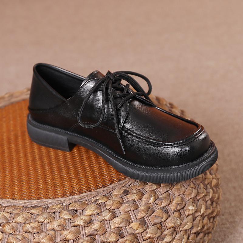 Damen Muffin Loafer mit dicker Sohle Schnürschuhe Höhenerhöhung College-Stil Atmungsaktiv Kleine Lederschuhe Lässige Einzelschuhe