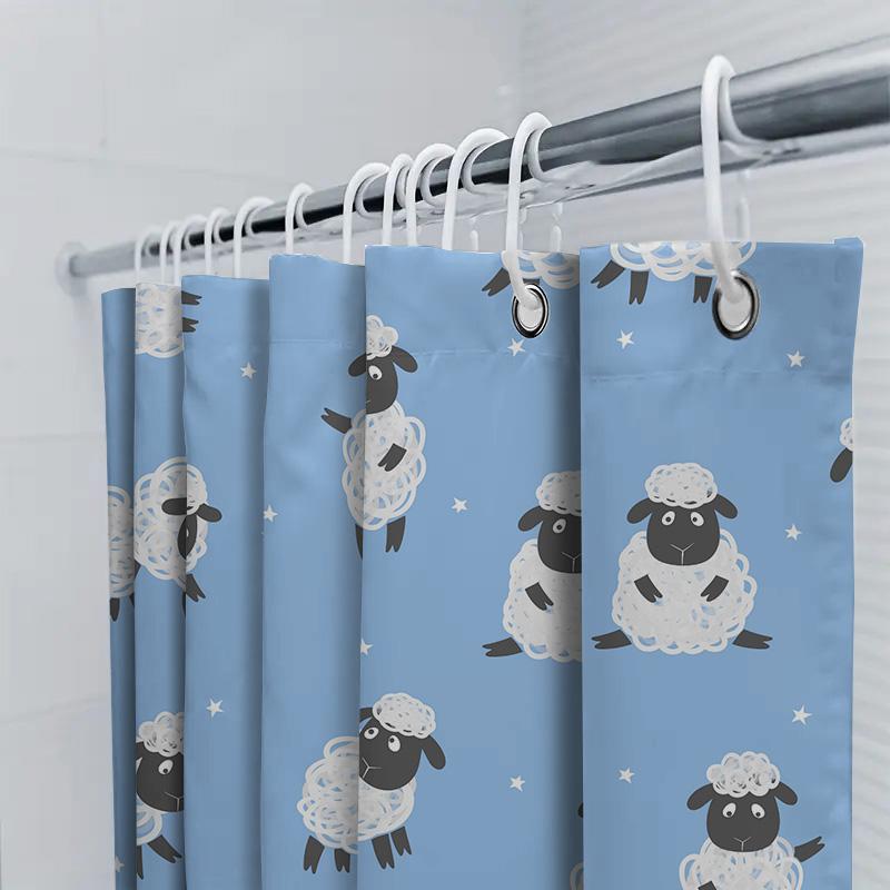 Adorable Sheep Pattern Shower Curtain Light Blue Background With White Clouds Design Perfect For Bathroom Decor Kids Bathrooms.