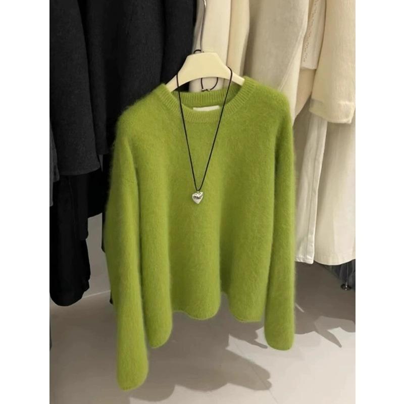 

Green crew neck raccoon fleece pullover women s autumn and winter soft waxy loose knitted sweater top one size fits all зелёный