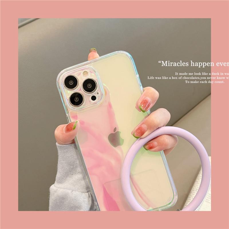 Ins Korea Laser Gradient Wrist Loop Strap Phone Case For Iphone 13 Pro Max 12 11 Pro X Xr Max Clear Lens Protection Laser Cover