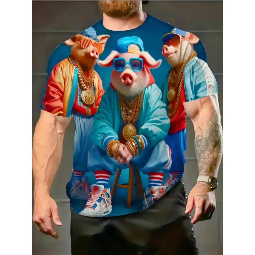 Men's Fun Animal Pig Print Short Sleeved T-shirt Creative Personality Large Loose Sports Casual Fashionable Comfortable Soft Breathable T-shirt
