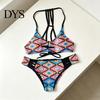 Low Waisted Bikini Women Set Sexy Swimsuit Waist Hollow Side Colorful Printed Bottoms Swimwear Adjustable Halter Top Lace-Up Front Beachwear