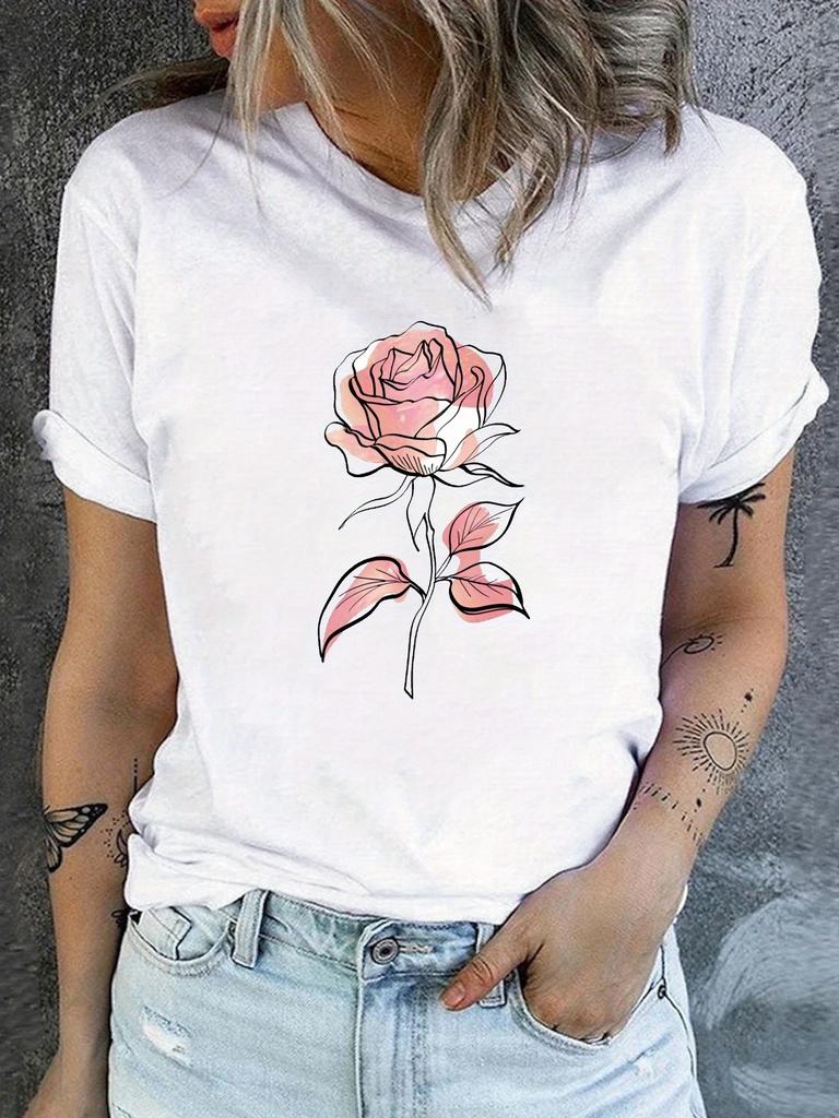 Floral Print Crew Neck T-shirt Casual Short Sleeve Top For Summer Women's Clothing Simple Design Showing Natural  Elegant Style