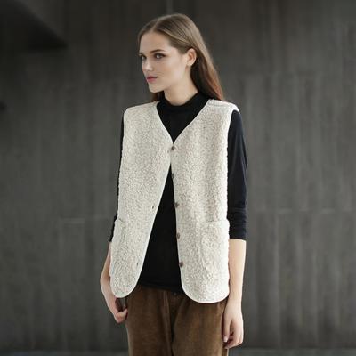 Colete de Lã Feminino com Botões Jaqueta Sem Mangas com Bolsos Casual Oversized Fuzz Outwear Outono Inverno