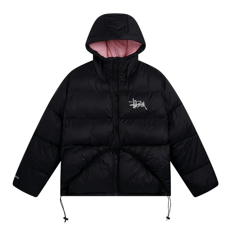 Unisex Kapuzen-Pufferjacke Baumwollfüllung Warmer Wintermantel Lockere Passform Reißverschluss vorne Bestickt Einfarbige