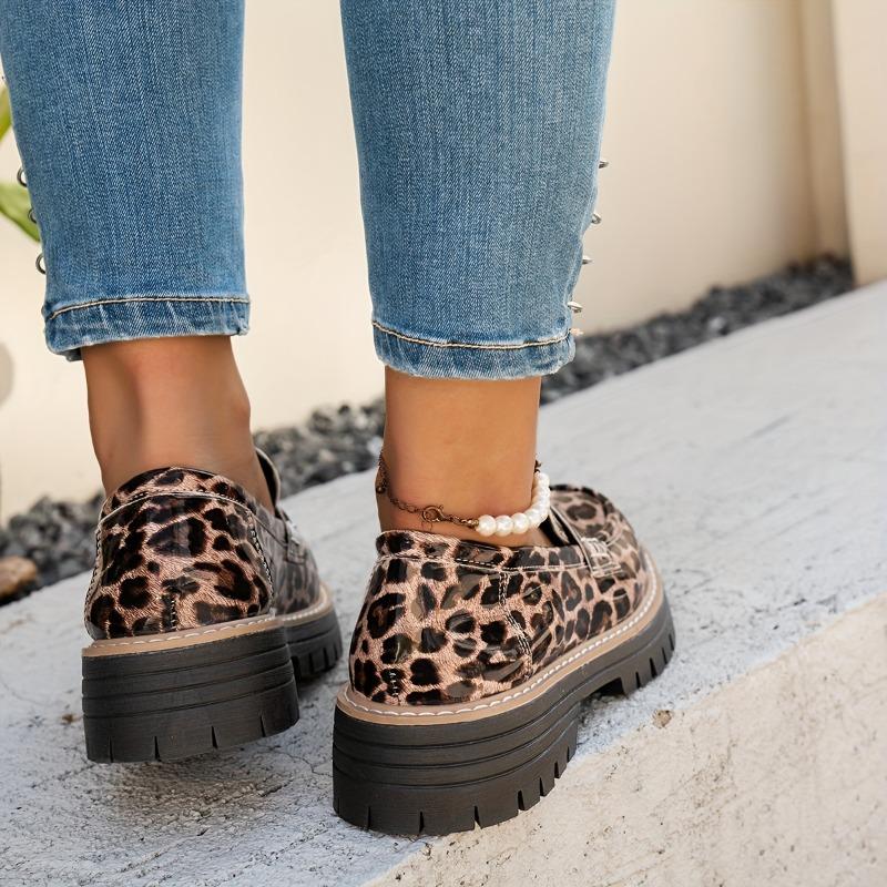 Women'S Retro British Style Loafers - Black & White Leopard Print, Chunky Sole, Slip-On Flats for All Seasons, Versatile Casual to Night Out Shoes