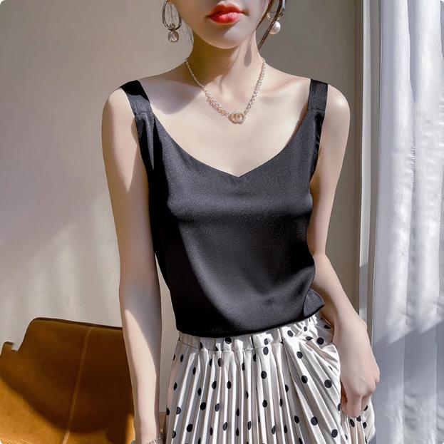 

2025 Women s White Satin Camisole Tank Top: Elegant Back Design, Imitation Silk Summer Innerwear 3XL