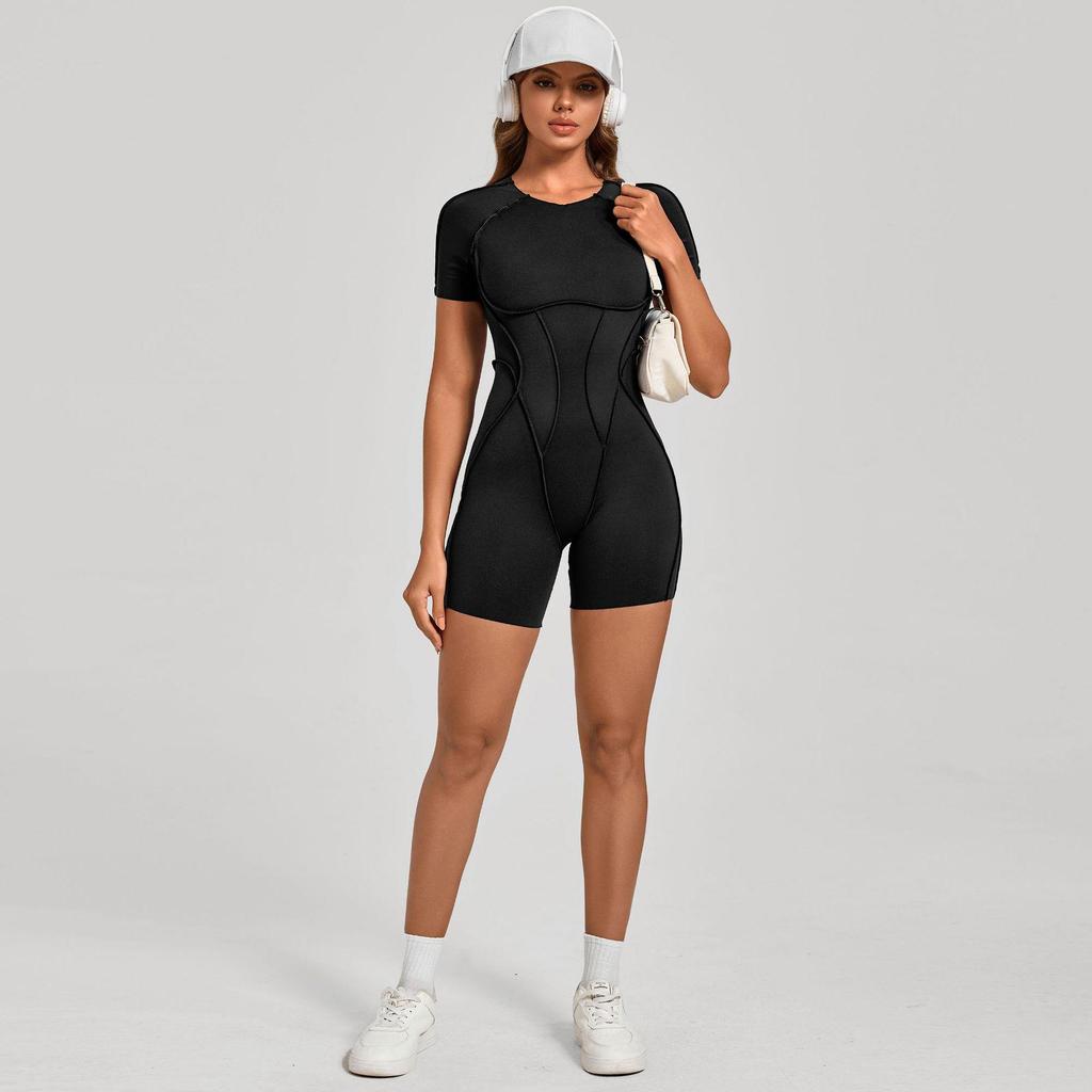 Europäischer & Amerikanischer 3D Ästhetischer Kurzarm Jumpsuit mit Offenem Rücken für Yoga und Fitness