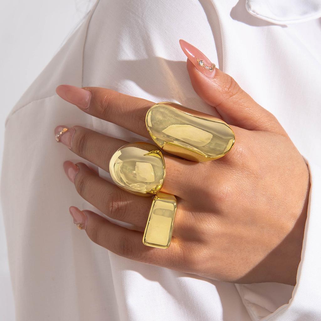 Ring European and American Geometric Metal Style Irregular Ring Three-piece Set with a Photosensitive Surface Oval Retro