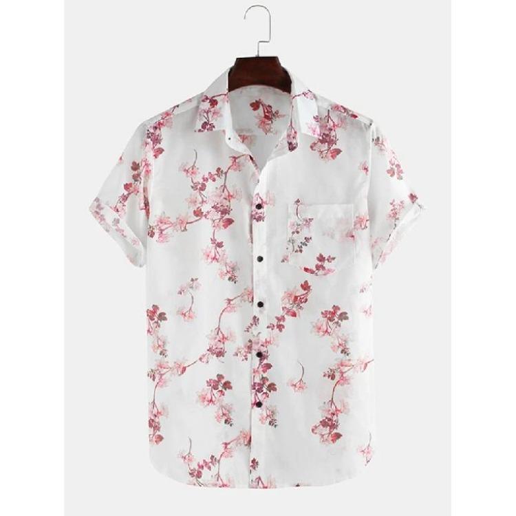 Printed Plum Blossom Shirt Short Sleeved Casual Lapel Ink Painting Mens Shirt S белый