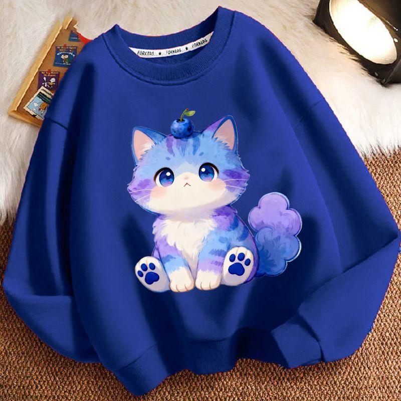 Children's Fashionable Cartoon Kitten Hoodie for Autumn and Winter, Casual Long-sleeved Round-neck Top for Boys and Girls