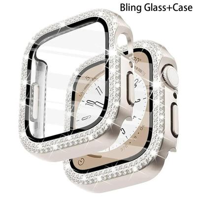 Capa de Vidro Bling + Capa para Apple Watch Case 44 45mm 41mm 40 42mm 44mm Parafusador de Diamante + Protetor de Tela para Series 11 10 9 8 7 5 6 SE