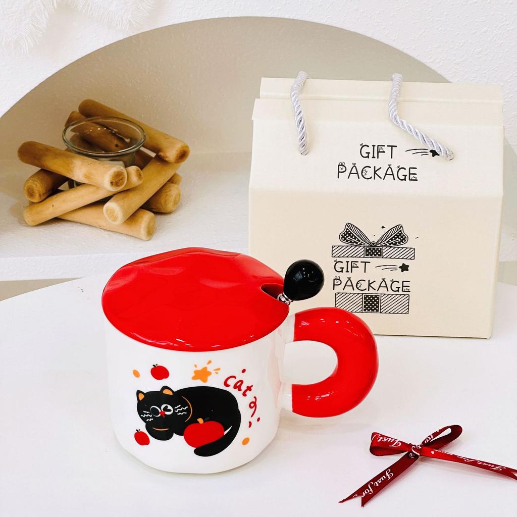Personalized Large Capacity Cat Cartoon Cute Straw Cup Small Gift Box Set for Household Ceramic Cup High Value Mug