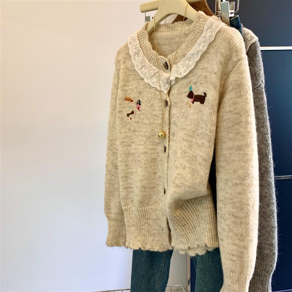 2026 Spring Autumn Korean Puppy Embroidery Lace Trim Women's Knit Cardigan