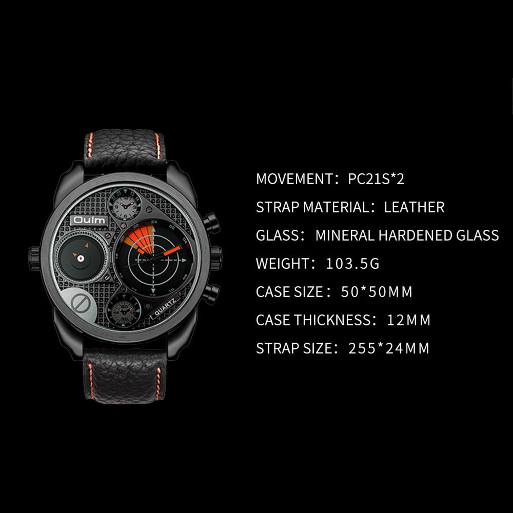Oulm Herren-Quarzuhr mit großem Zifferblatt, cooler Trend, Dual-Zeitzone, Leder-Herrenuhr, neue GTM Two Time, modisch und lässig