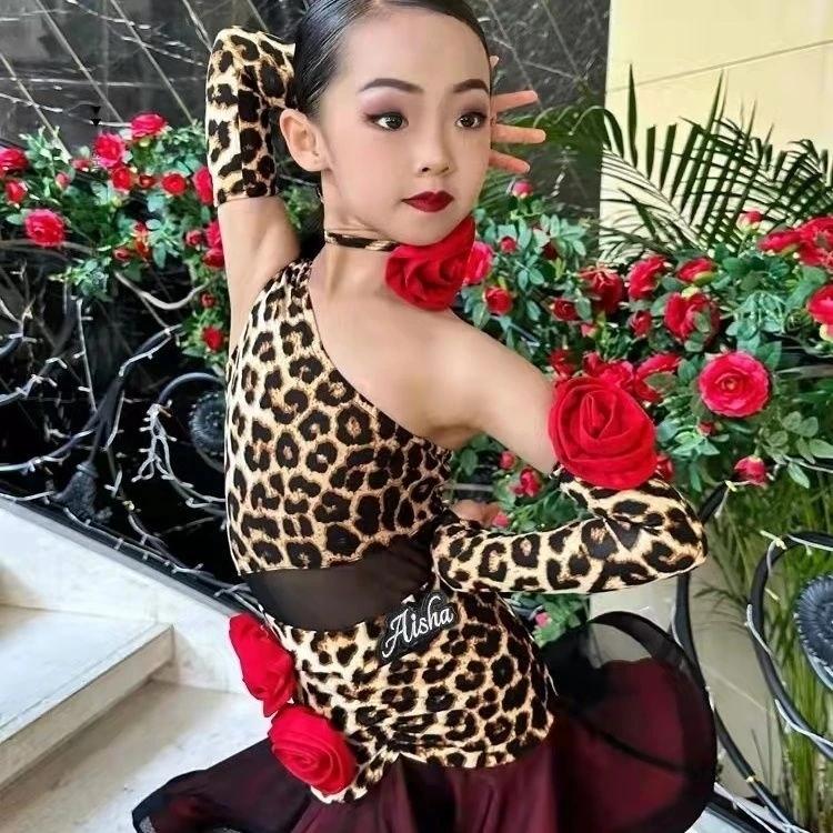 Latin Performance Dancing Dress One Shoulder Leopard Latin Dance Dress Girls Latin Professional Dress Salsa Wear