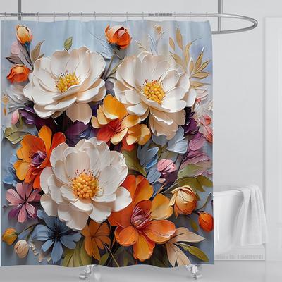 Ensemble de Rideau de Douche à Fleurs 3D Design d'Impression Colorée Tissu Décoration de Salle de Bain Imperméable Lavable Rideau de Douche avec Crochets