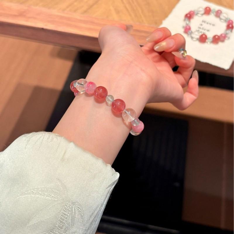 Natural Pink Strawberry Quartz Clear White Crystal Beaded Bracelet Women Handmade Single Circle 9mm